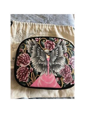 NWT Anuschka Handbag Black/Pink Floral Wings Guardian Angel Crossbody/Clutch